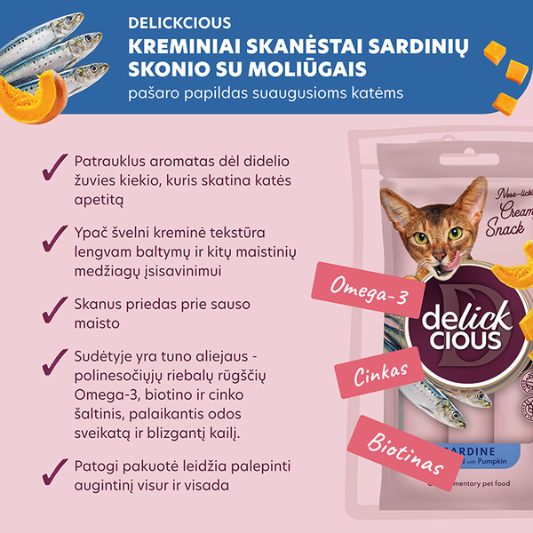 Delickcious™ kreminiai skanėstai – sardinės su moliūgu. Maisto papildas katėms (4x0,015 kg)