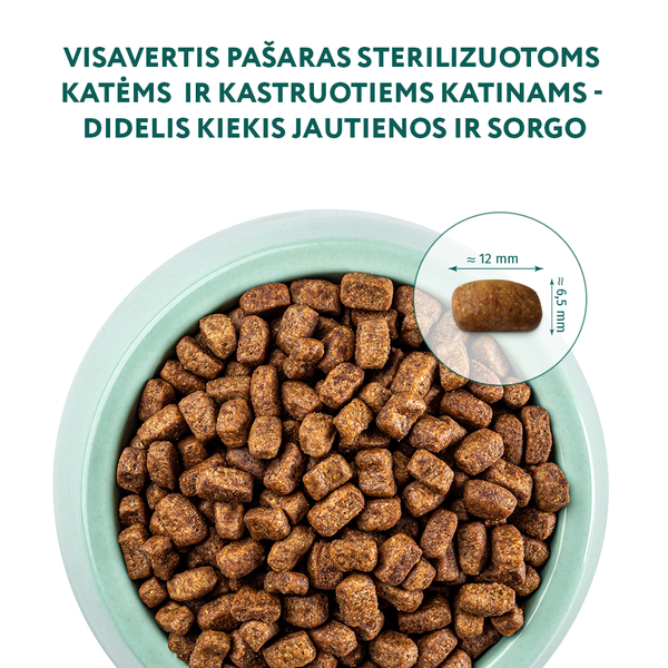 OPTIMEAL™. visavertis pašaras sterilizuotoms katėms ir kastruotiems katinams- didelis kiekis jautienos ir sorgų.