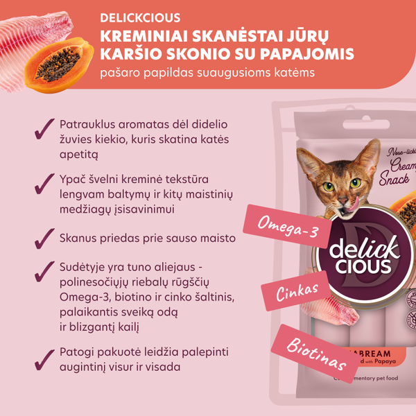 Delickcious™ kreminiai skanėstai — dorada su papaja. Maisto papildas katėms (4x0,015 kg)