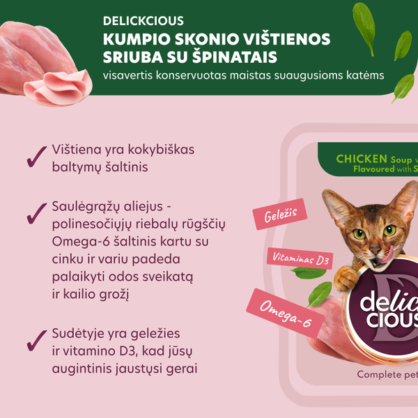 Delickcious™ vištienos sriuba su kumpiu ir špinatais. Visavertis konservuotas maistas suaugusioms katėms