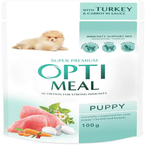 OPTIMEAL KONSERVUOTAS MAISTAS ŠUNIUKAMS SU KALAKUTIENA IR MORKOMIS PADAŽE, 100 G X 12 VNT
