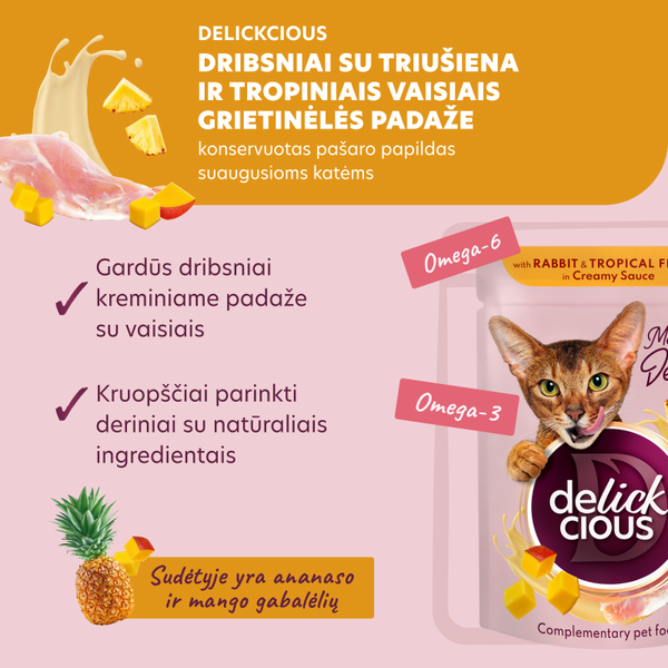 DELICKCIOUS™ „Dribsniai su triušiena ir tropiniais vaisiais grietinėlės padaže“. Konservuotas pašaro papildas suaugusioms katėms.