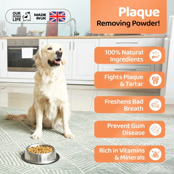 OURDOGSLIFE NATURAL PLAQUE AWAY POWDER, natūralūs dantų apnašų šalinimo milteliai