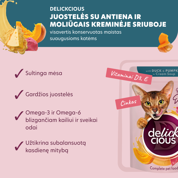 DELICKCIOUS™ “Juostelės su antiena ir moliūgais kreminėje sriuboje”. Visavertis konservuotas ėdalas suaugusioms katėms.