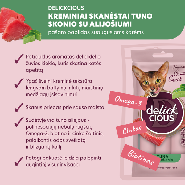 Delickcious™ kreminiai skanėstai – tunas su alaviju. Maisto papildas katėms (4x0,015 kg)