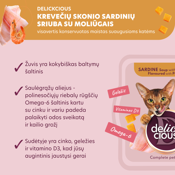 Delickcious™ sriuba su sardinėmis, krevetėmis ir moliūgu. Visavertis konservuotas maistas suaugusioms katėms