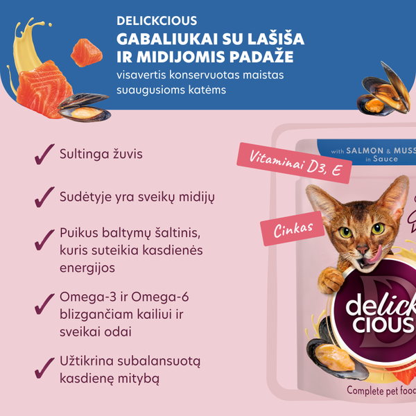 DELICKCIOUS™ GABALIUKAI SU LAŠIŠA IR MIDIJOMIS PADAŽE. VISAVERTIS KONSERVUOTAS ĖDALAS SUAUGUSIOMS KATĖMS
