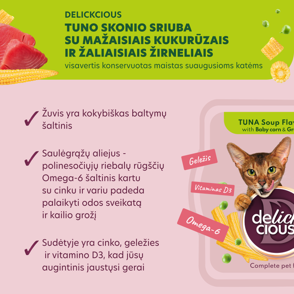 Delickcious™ tuno sriuba su mini kukurūzais ir žirneliais. Visavertis konservuotas maistas suaugusioms katėms