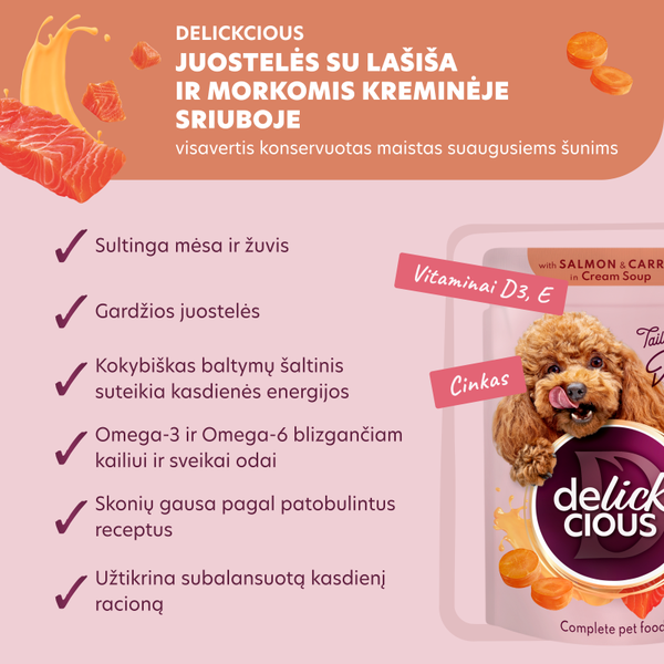 DELICKCIOUS™ “Juostelės su lašiša ir morkomis kreminėje sriuboje”. Visavertis konservuotas ėdalas suaugusiems šunims.