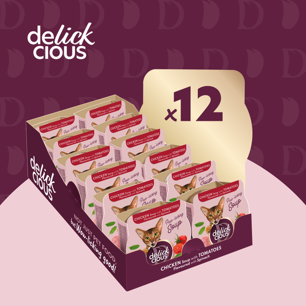 Delickcious™ vištienos sriuba su pomidorais ir špinatais. Visavertis konservuotas maistas suaugusioms katėms
