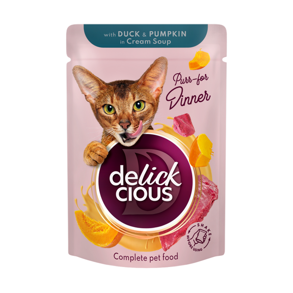 DELICKCIOUS™ “Juostelės su antiena ir moliūgais kreminėje sriuboje”. Visavertis konservuotas ėdalas suaugusioms katėms.