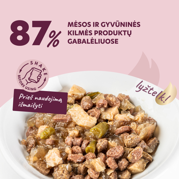 Delickcious™ «Gabaliukai su ėriena, vištienos filė ir šparaginėmis pupelėmis drebučiuose». Visavertis konservuotas maistas suaugusioms katėms