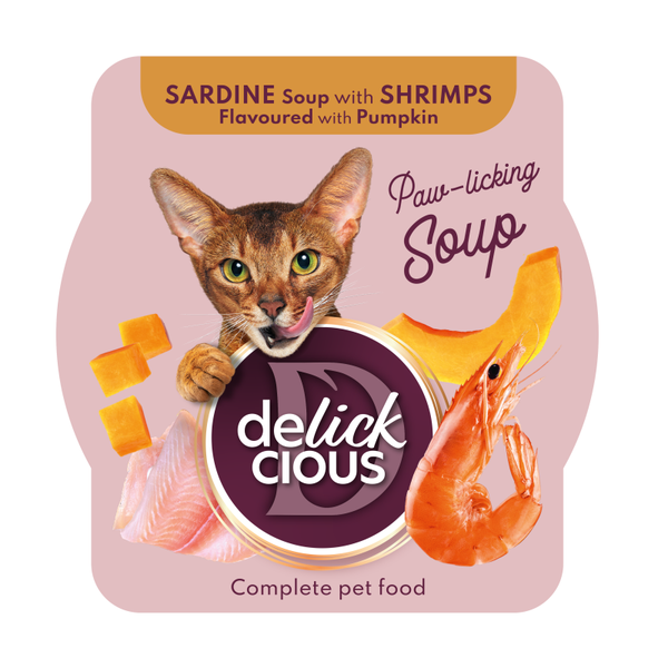 Delickcious™ sriuba su sardinėmis, krevetėmis ir moliūgu. Visavertis konservuotas maistas suaugusioms katėms