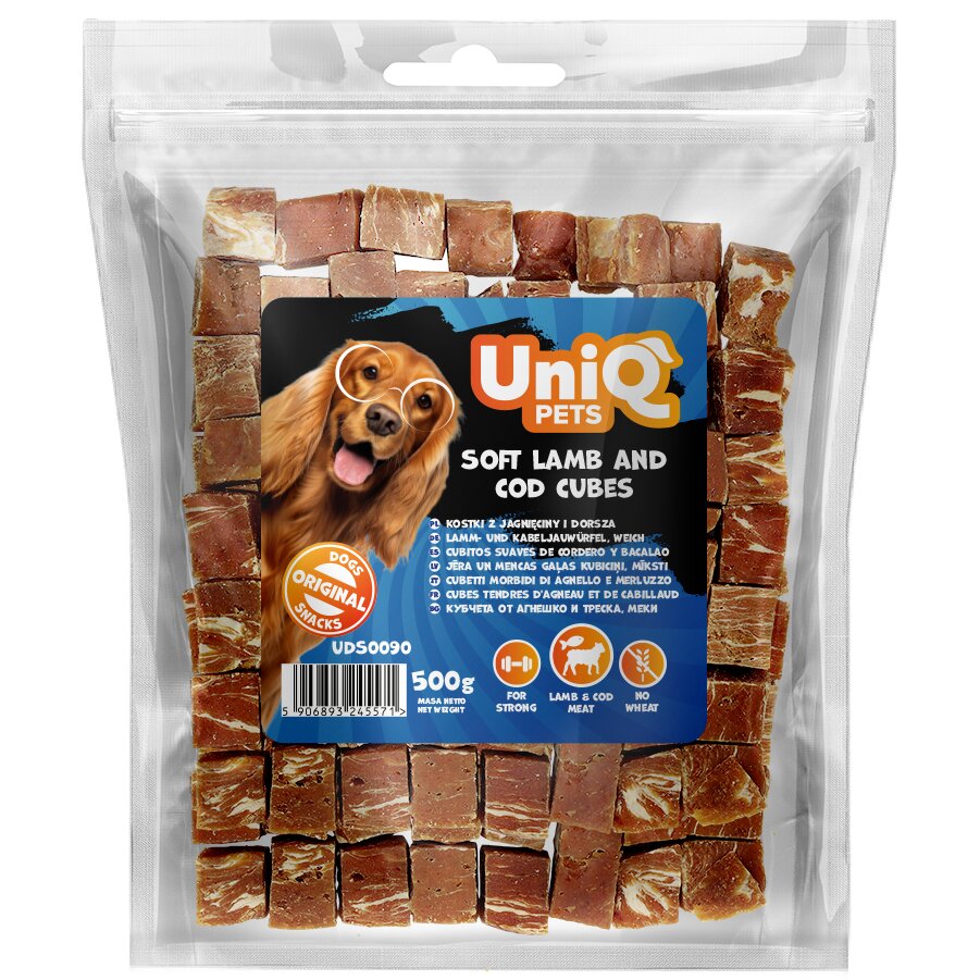 Uniq Pets pusiau minkšti ėrienos ir menkės kubeliai, 500 g