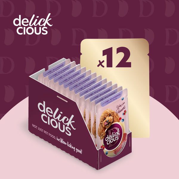 DELICKCIOUS™ „Dribsniai su ėriena ir miško uogomis grietinėlės padaže“. Konservuotas pašaro papildas suaugusiems šunims.