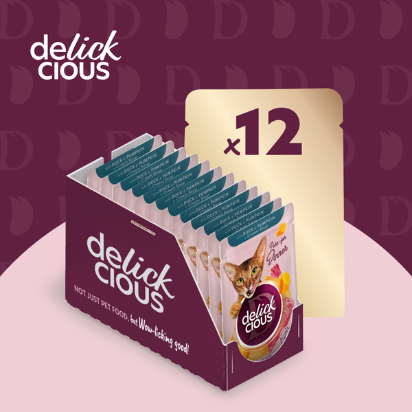DELICKCIOUS™ “Juostelės su antiena ir moliūgais kreminėje sriuboje”. Visavertis konservuotas ėdalas suaugusioms katėms.