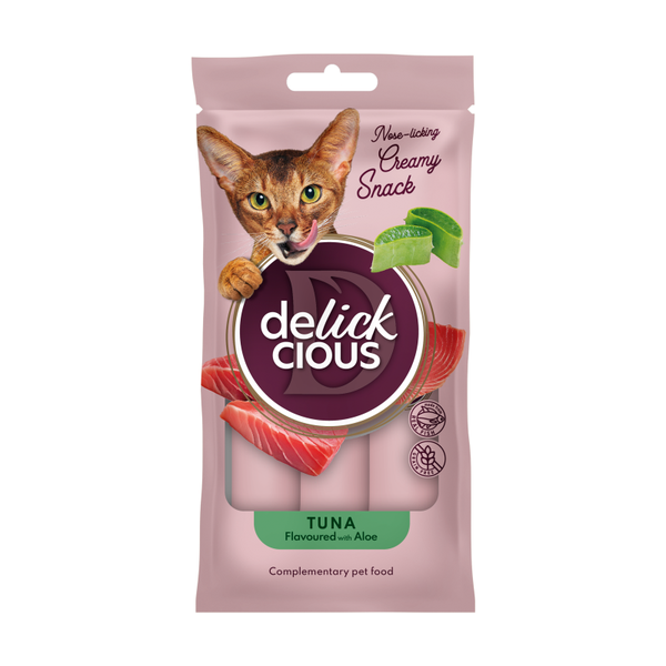 Delickcious™ kreminiai skanėstai – tunas su alaviju. Maisto papildas katėms (4x0,015 kg)
