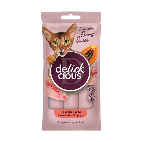 Delickcious™ kreminiai skanėstai — dorada su papaja. Maisto papildas katėms (4x0,015 kg)