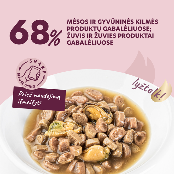 DELICKCIOUS™ GABALIUKAI SU LAŠIŠA IR MIDIJOMIS PADAŽE. VISAVERTIS KONSERVUOTAS ĖDALAS SUAUGUSIOMS KATĖMS