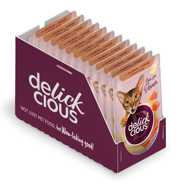 DELICKCIOUS™ “JUOSTELĖS SU LAŠIŠA IR SŪRIU KREMINĖJE SRIUBOJE”. VISAVERTIS KONSERVUOTAS ĖDALAS SUAUGUSIOMS KATĖMS.