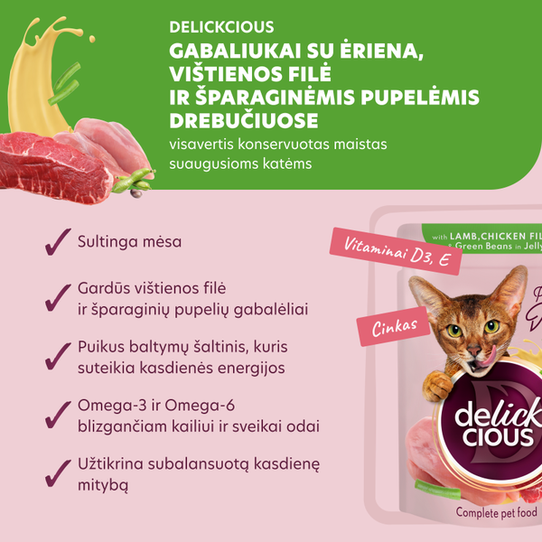 Delickcious™ «Gabaliukai su ėriena, vištienos filė ir šparaginėmis pupelėmis drebučiuose». Visavertis konservuotas maistas suaugusioms katėms