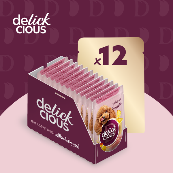 DELICKCIOUS™ „Dribsniai su kalakutiena ir tropiniais vaisiais grietinėlės padaže“. Konservuotas pašaro papildas suaugusiems šunims.