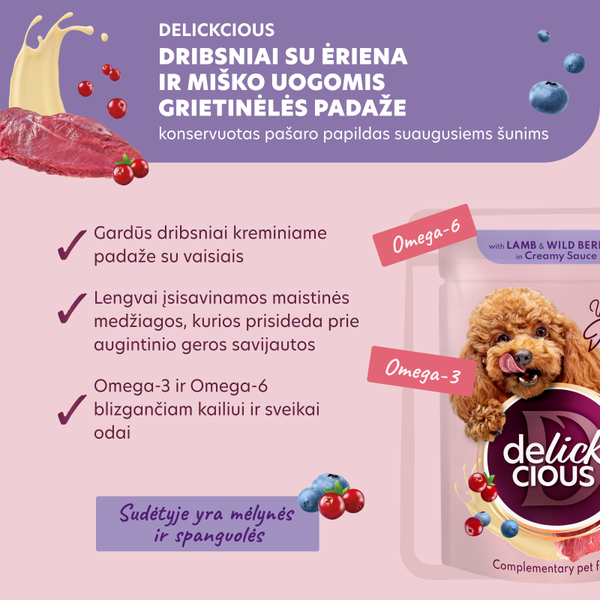 DELICKCIOUS™ „Dribsniai su ėriena ir miško uogomis grietinėlės padaže“. Konservuotas pašaro papildas suaugusiems šunims.