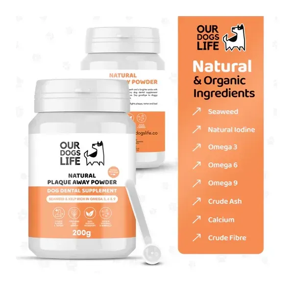 OURDOGSLIFE NATURAL PLAQUE AWAY POWDER, natūralūs dantų apnašų šalinimo milteliai