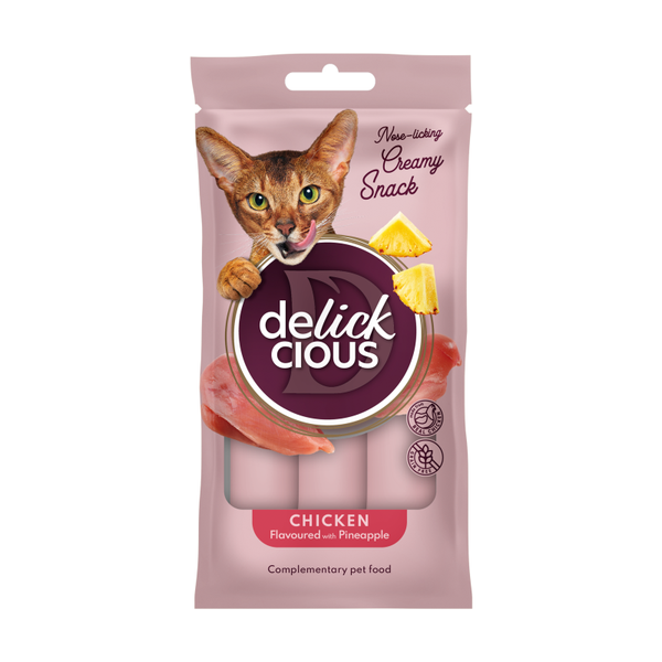 Delickcious™ kreminiai skanėstai – vištiena su ananasais. Maisto papildas katėms (4x0,015 kg)