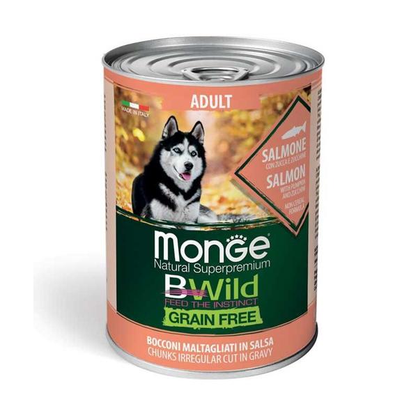 Monge Bwild adult konservuotas pašaras su lašiša, moliūgais ir cukinijomis 400g