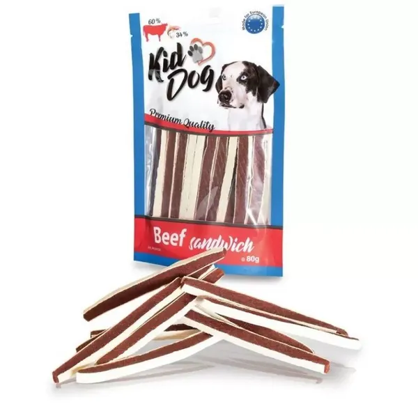 KIDDOG Sandwich jautienos ir menkės juostelės 80g (150)