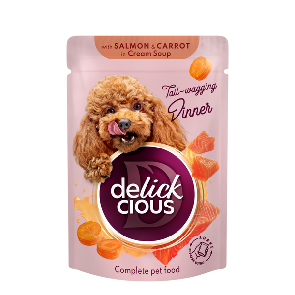 DELICKCIOUS™ “Juostelės su lašiša ir morkomis kreminėje sriuboje”. Visavertis konservuotas ėdalas suaugusiems šunims.