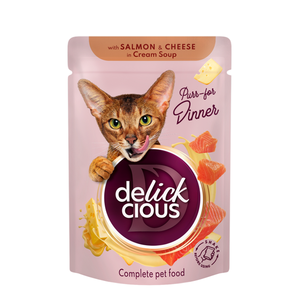 DELICKCIOUS™ “JUOSTELĖS SU LAŠIŠA IR SŪRIU KREMINĖJE SRIUBOJE”. VISAVERTIS KONSERVUOTAS ĖDALAS SUAUGUSIOMS KATĖMS.