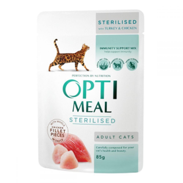 Optimeal konservuotas ėdalas sterilizuotoms katėms ir kastruotiems katinams su kalakutiena ir vištienos filė padaže,12 x 85 g