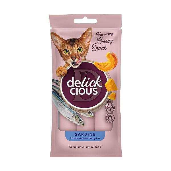 Delickcious™ kreminiai skanėstai – sardinės su moliūgu. Maisto papildas katėms (4x0,015 kg)