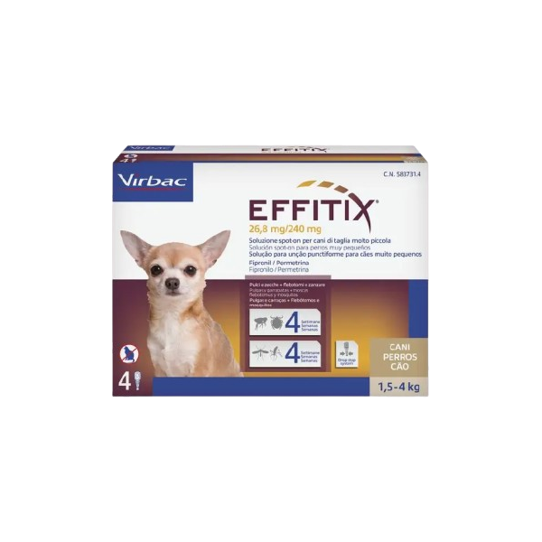 Virbac Effitix 1,5 - 4 Kg Lašai Nuo Blusų Ir Erkių Bei Smėlinių Musių Ir Uodų
