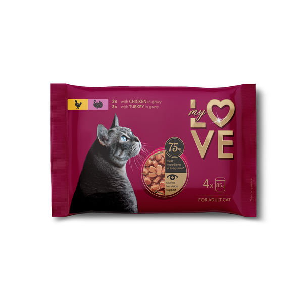My Love Visavertis konservuotas ėdalas suaugusioms katėms su vištiena ir kalakutiena padaže