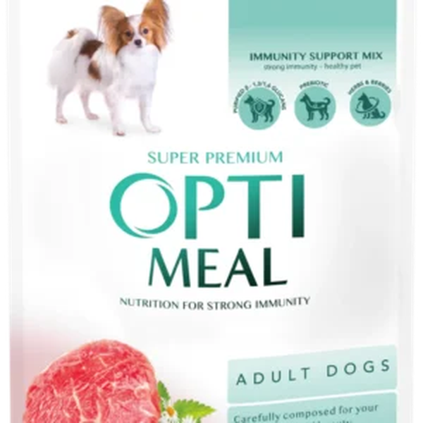 OPTIMEAL KONSERVUOTAS MAISTAS SUAUGUSIEMS ŠUNIMS SU JAUTIENA IR SPANGUOLĖMIS DREBUČIUOSE, 100 G X 12 VNT