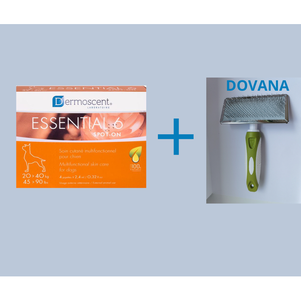 Dermoscent Essential 6 – lašai šunų odos ir kailio būklei gerinti 20-40kg + plaukų šepetys
